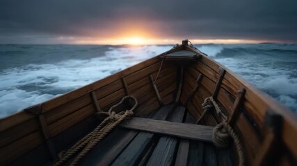 Wooden boat bow with rope on ocean waves during dramatic sunset and stormy sea, powerful waves splash water under moody sky at horizon creating adventurous atmosphere