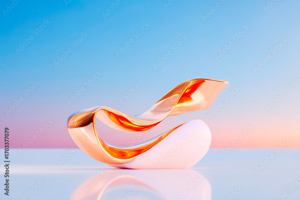 Poster a luxurious abstract image of a golden ribbon sculpture with a smooth reflective texture and an eleg