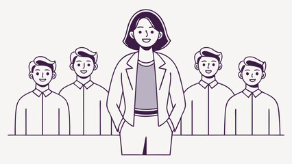 Woman entrepreneur in purple suit leading team men in shirts leader business