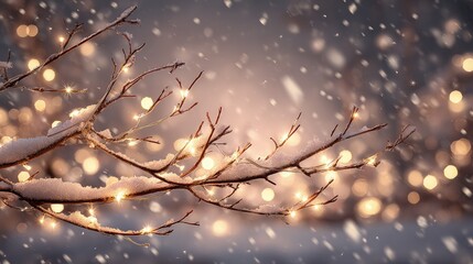 Snowy Branches With Warm Glowing Lights