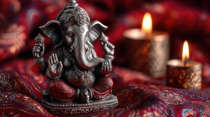 Fototapeta premium Decorative silver statue of Ganesh on rich red fabric with candles