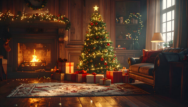 Decorated christmas tree fireplace presents and cozy interior setting. - Powered by Adobe