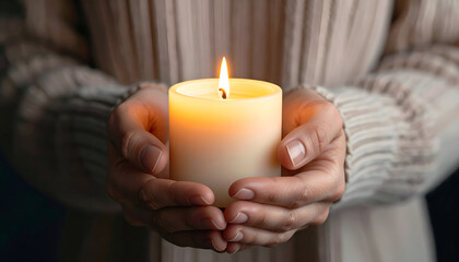 Person holding a lit candle with a glowing flame in their hands.