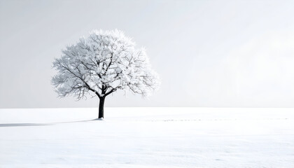 A lone tree covered in snow stands in a vast white landscape.
