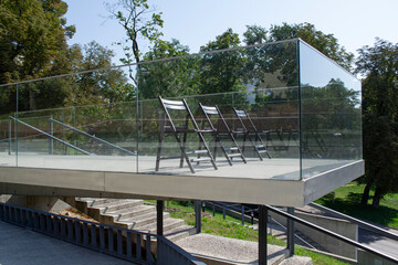 chairs stand on the street. photo zone. place for text