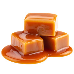Caramel candies and caramel sauce isolated