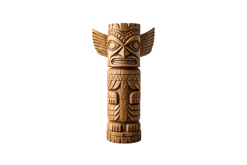 Traditional wooden totem pole with eagle wings and carved tribal face designs, isolated on a transparent background