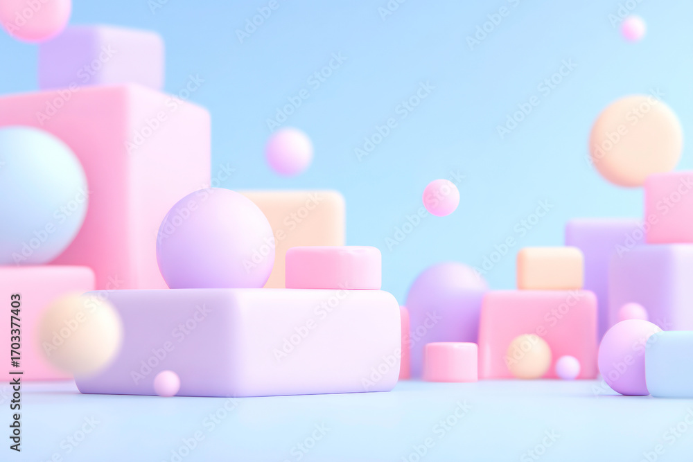 Poster a serene abstract background featuring a beautiful arrangement of geometric shapes in soft pastel co