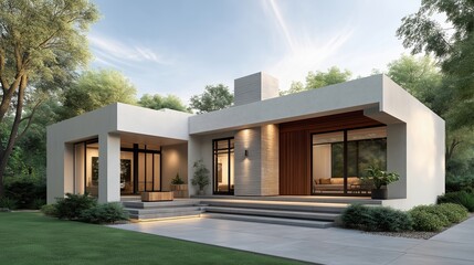 Modern single-story house exterior with flat roof, large windows, clean lines, minimalistic design surrounded by greenery.