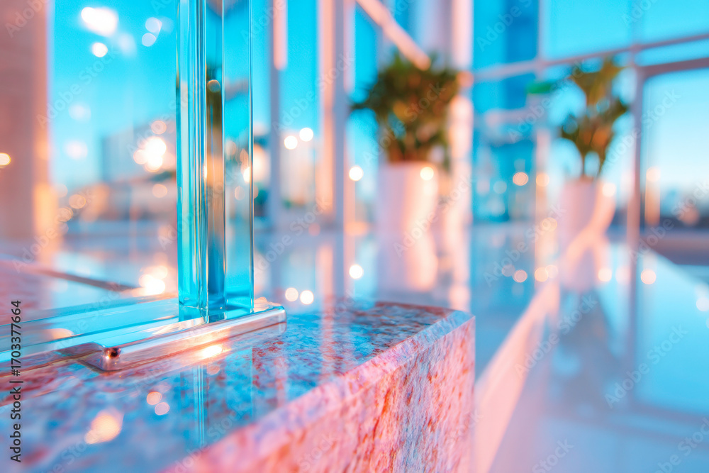 Poster a sleek abstract image of a glass panel reflection with white bokeh lights in a modern commercial in