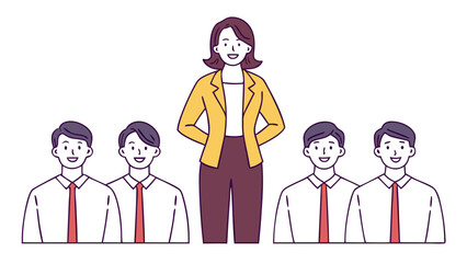 Woman in yellow jacket stands before group men in shirts red ties leader team