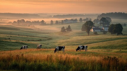 Serene Morning on Farm with Cows Grazing in Picturesque Landscape