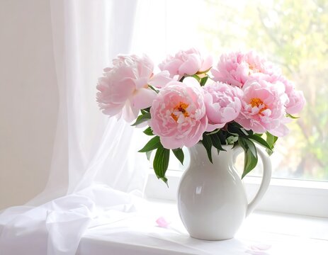 Elegant light pink peonies arrangement in a white vase near a window