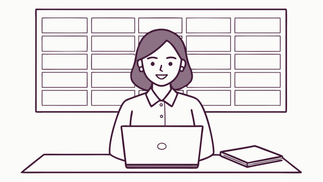 Woman office worker at desk with laptop planner in front grid vector - Powered by Adobe
