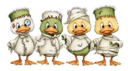 Four cute cartoon ducks dressed as frankensteins monster and mummies isolated on transparent background