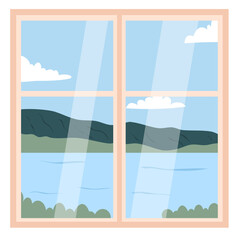 glass window with curtains on a landscape background. Outside the window there are branches of a tree with leaves. Vector illustration