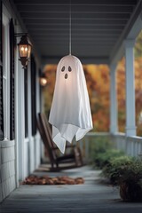 Cute hanging ghost Halloween decoration on a cozy porch with autumn leaves, festive seasonal outdoor holiday atmosphere