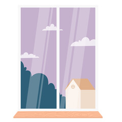 glass window with curtains on a landscape background. Outside the window there are branches of a tree with leaves. Vector illustration