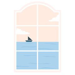 glass window with curtains on a landscape background. Outside the window there are branches of a tree with leaves. Vector illustration