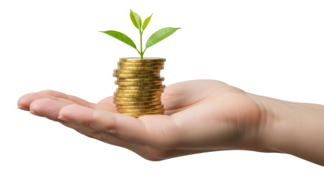Plant Growing Out Of Gold Coin Stack Isolated on Transparent PNG Background.