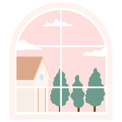 glass window with curtains on a landscape background. Outside the window there are branches of a tree with leaves. Vector illustration