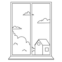 glass window with curtains on a landscape background. Outside the window there are branches of a tree with leaves. Vector illustration