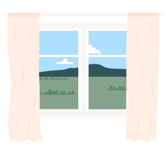 glass window with curtains on a landscape background. Outside the window there are branches of a tree with leaves. Vector illustration