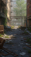 Abandoned urban street with overgrown vegetation and scattered debris