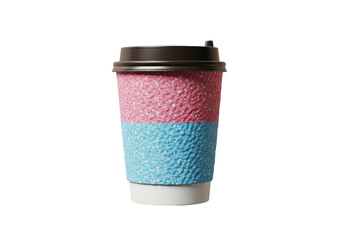 Paper coffee cup with a red and purple textured sleeve, isolated on a transparent background.

