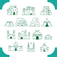 Fototapeta premium Collection of Ancient Structures and Dwellings.