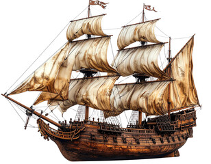 Vintage Wooden Pirate Ship with Billowing Sails, Side View, Isolated