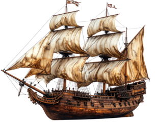 Vintage Wooden Pirate Ship with Billowing Sails, Side View, Isolated