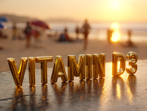 Gold 3d letters spelling "vitamin d3" on a wooden surface at sunset beach scene - Powered by Adobe