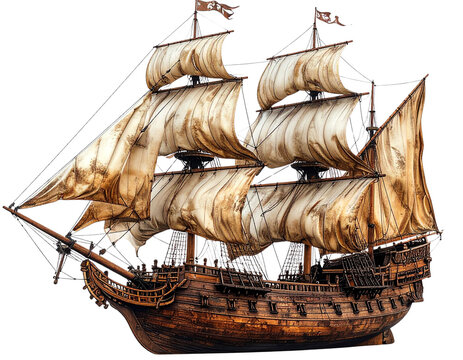 Vintage Wooden Pirate Ship with Billowing Sails, Side View, Isolated