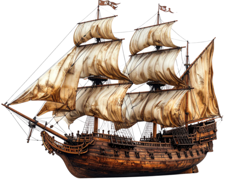 Vintage Wooden Pirate Ship with Billowing Sails, Side View, Isolated