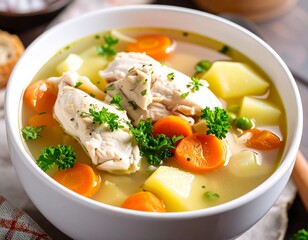 Creamy chicken soup in a bowl