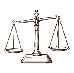 Illustration of a hand drawn antique balance scale representing justice and legal matters