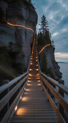 Coastal Cliff Stair Bridge with Golden Seam at Dusk
