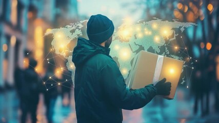 Young Man Holding Box in Urban Setting with Global Connections and Digital World Map Background - Powered by Adobe