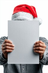 Man in Santa hat holding a blank white sheet in front of face. Perfect for Christmas mockup, holiday message, greeting card, or seasonal advertising