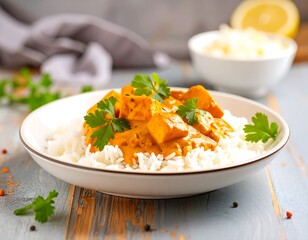 Creamy curry with rice and garnish