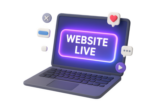 3D Laptop with Glowing “Website Live” Banner and Floating UI Elements Isolated on Transparent Background