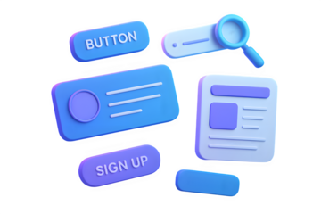 Stylized 3D Floating Web Design Components with Buttons, Banners, and Cards Isolated on Transparent Background