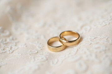 A close-up of wedding rings resting on a delicate lace fabric. Soft light highlights the intricate details of the rings and lace