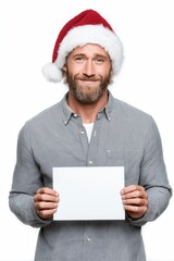 Smiling man in a Santa hat holding a blank white sign for copy space, wearing a casual checkered shirt, isolated on white