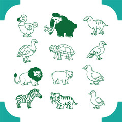 Collection of diverse animal illustrations including prehistoric and modern creatures. © Aria