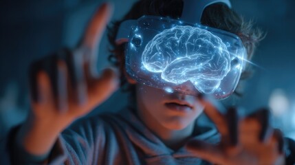 Young Boy Engaged in Virtual Reality Experience with Brain Visualization