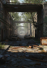 Abandoned urban street with overgrown vegetation and scattered debris