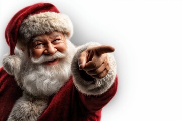 Smiling Santa Claus pointing directly at the viewer, wearing a red festive outfit with fur trim, isolated on white background.