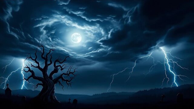Nightscape Full moon lightning strikes over hills tree and graveyard